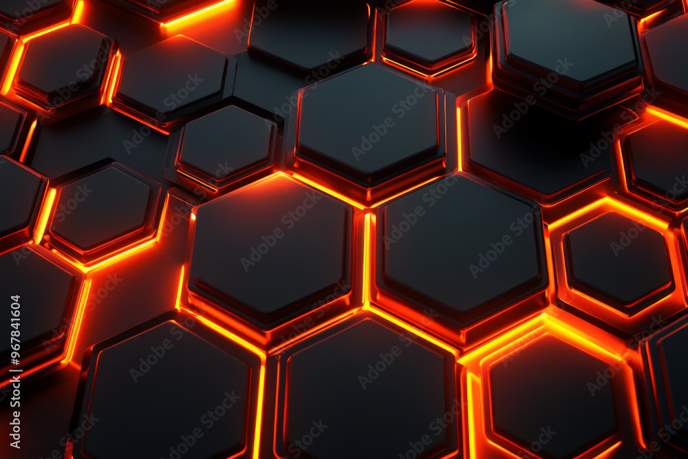 Neon hexagons glowing in warm orange and red, with a smooth, satin-like texture, arranged over a dark, velvety background for a luxurious, futuristic feel. Neon hexagons glowing in warm orange and red, with a smooth, satin-like texture, arranged over a dark, velvety background for a luxurious, futuristic feel.