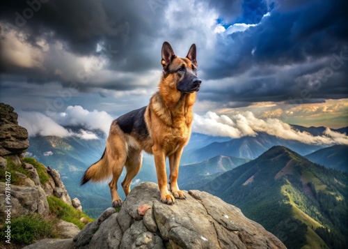 Majestic German Shepherd stands proudly on a rocky mountain peak, its muscular physique and piercing gaze exuding photo