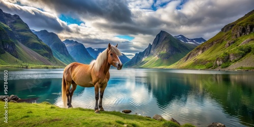 Majestic horse stands alone on a serene fjord's grassy shoreline, surrounded by towering mountains and calm turquoise