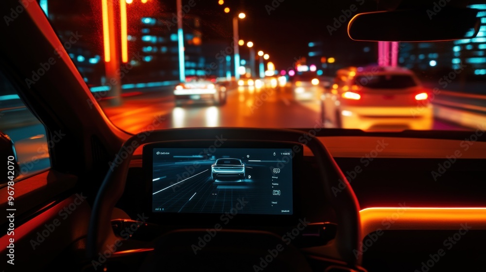 Fototapeta premium Nighttime View from Inside a Car with a Digital Dashboard Displaying an Autonomous Driving System
