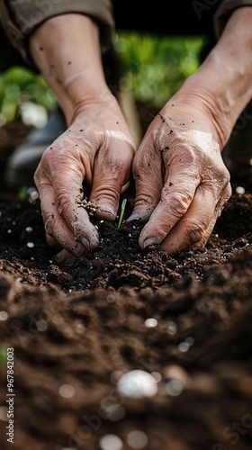 Macro shot of a gardeners hands in soil, planting seeds, capturing the nurturing side of nature and growth