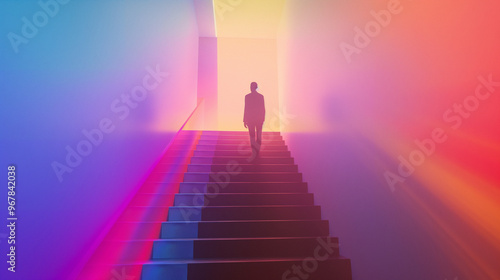 Man walking up stairs, double exposure with colorful gradient background, surreal minimalism