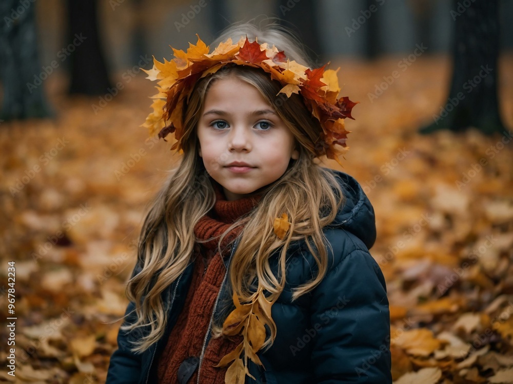 A young girl adorned with autumn leaves. A young girl adorned with autumn leaves.