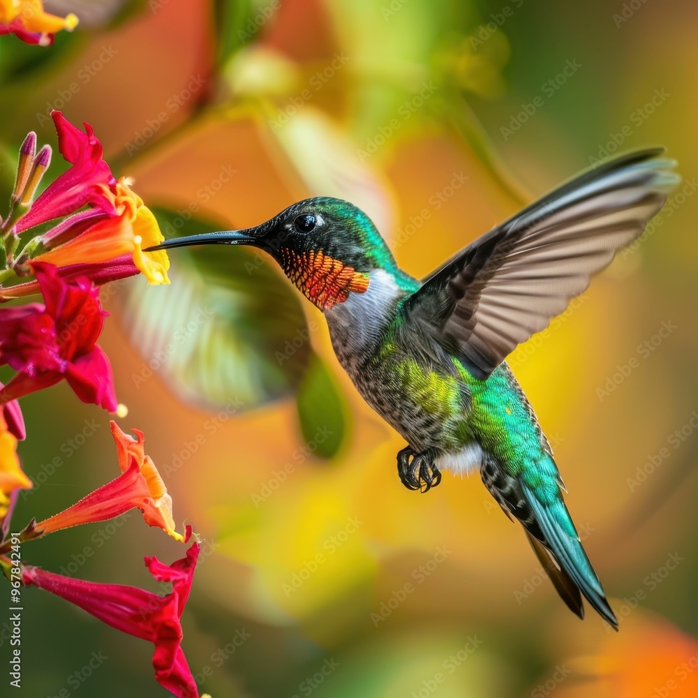 Fototapeta premium A vibrant hummingbird hovers mid-air, its long beak dipping into a bright orange flower.