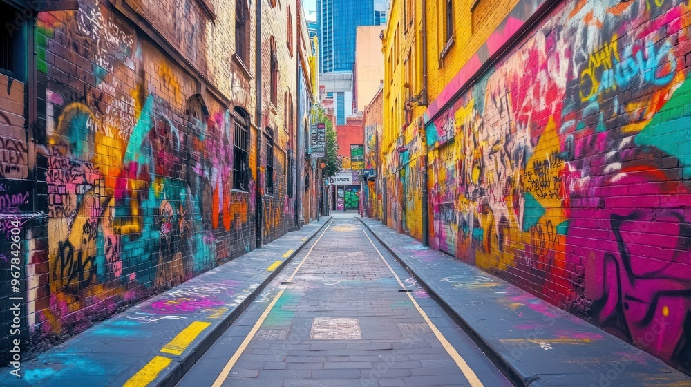 Fototapeta premium A vibrant, graffiti-filled alleyway showcasing urban art and creativity.