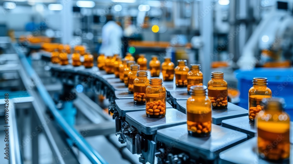 Fototapeta premium Capsules being filled into bottles on a production line.