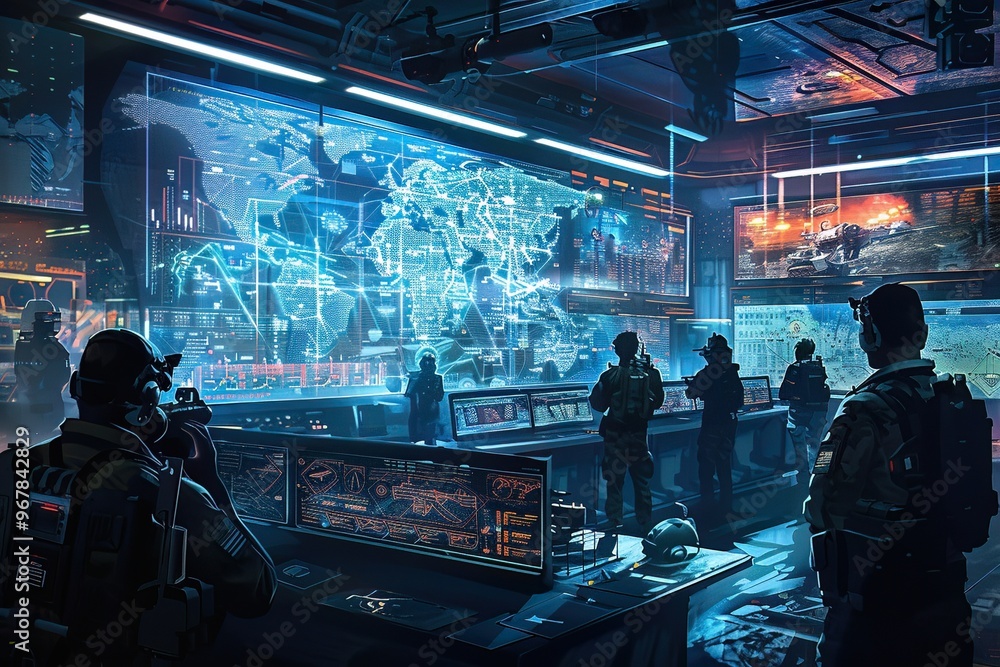 Military strategy session in a futuristic command center, with immersive digital warzone mapping Military strategy session in a futuristic command center, with immersive digital warzone mapping