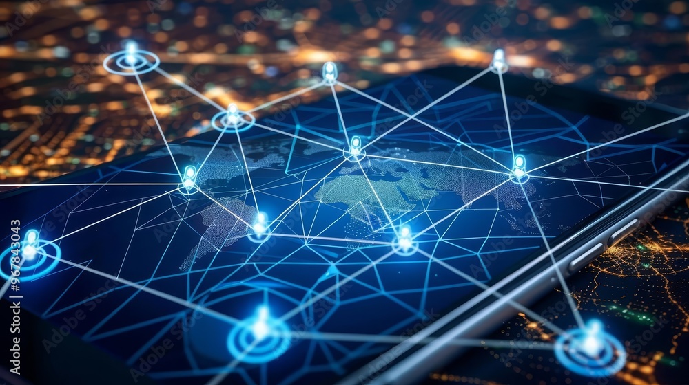 Smartphone on a digital world map with glowing network connections. Smartphone on a digital world map with glowing network connections.