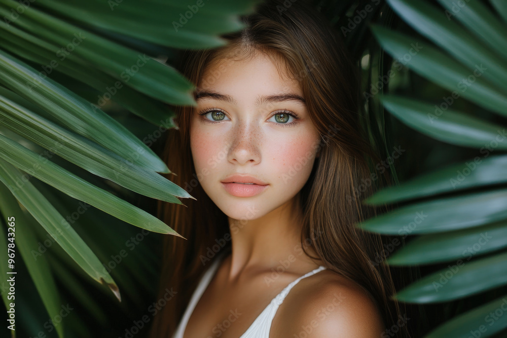 Portrait of a beautiful girl, her delicate features highlighted against a background of wide, deep green palm leaves. Portrait of a beautiful girl, her delicate features highlighted against a background of wide, deep green palm leaves.