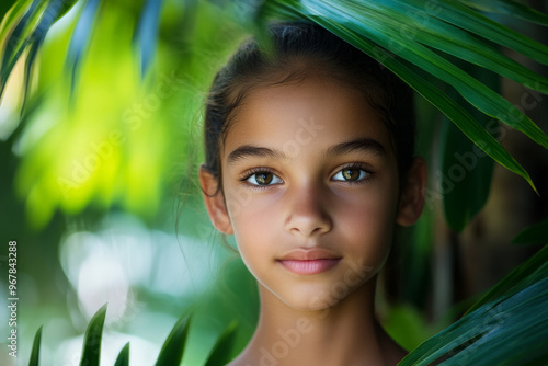 Portrait of a lovely girl with serene eyes, standing against a backdrop of lush green palm leaves in a tropical setting.