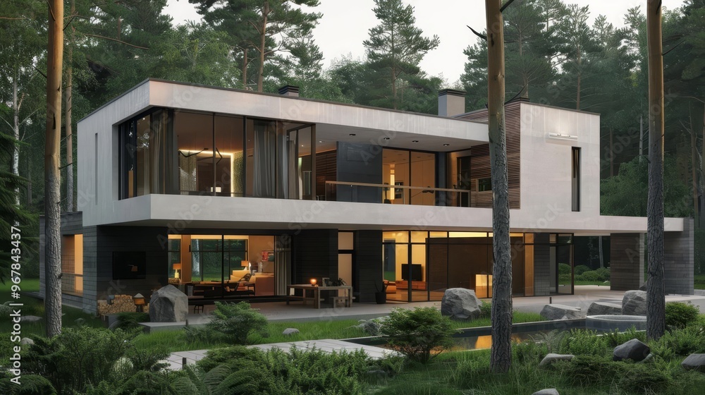 Fototapeta premium Modern two-story house with large windows and a spacious backyard.