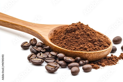 Pile of powdered, instant coffee and beans in wooden spoon isolated on white