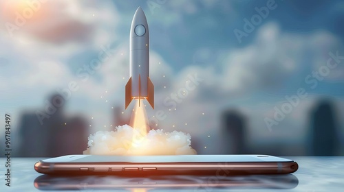 Modern startup success concept with a rocket taking off from a mobile phone, symbolizing innovation photo