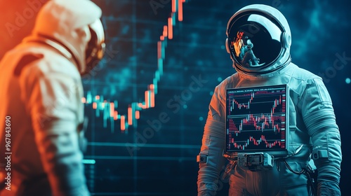 Two astronauts stand in front of a stock market chart, one with a digital display.