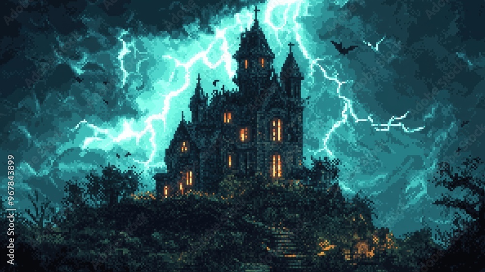 Obraz premium Eerie Castle Under Thunderstorm and Swarming Bats