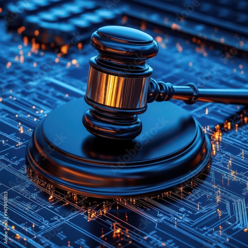 A close-up of a gavel on a technological circuit background, symbolizing law and justice in a digital era. photo