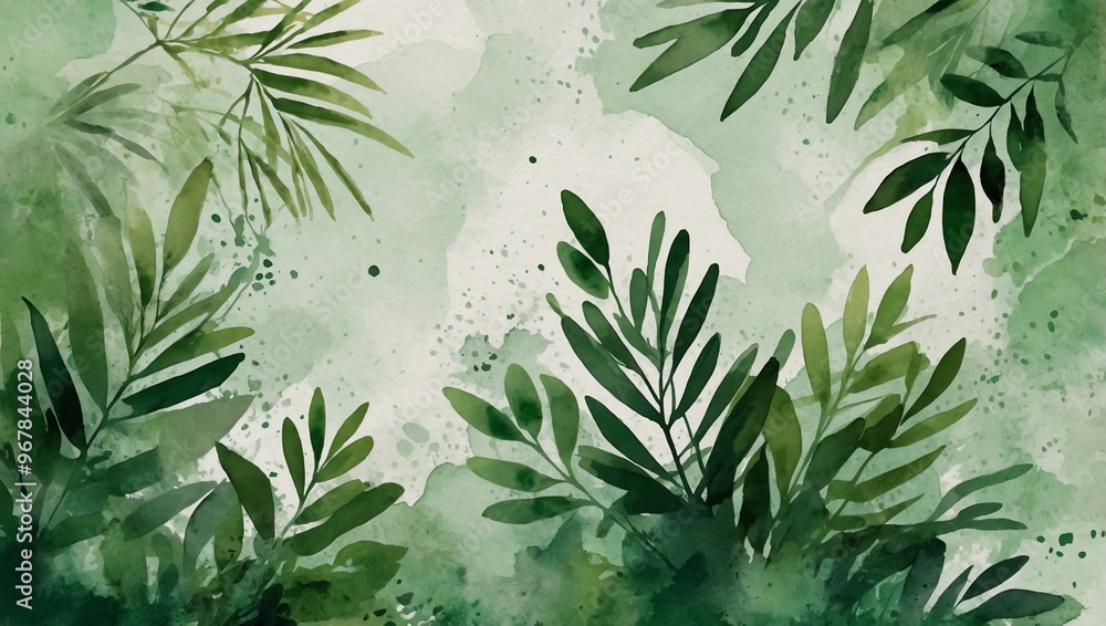 Abstract illustration with green branches and leaves on a textured background with green circles and watercolor splashes. Abstract illustration with green branches and leaves on a textured background with green circles and watercolor splashes.