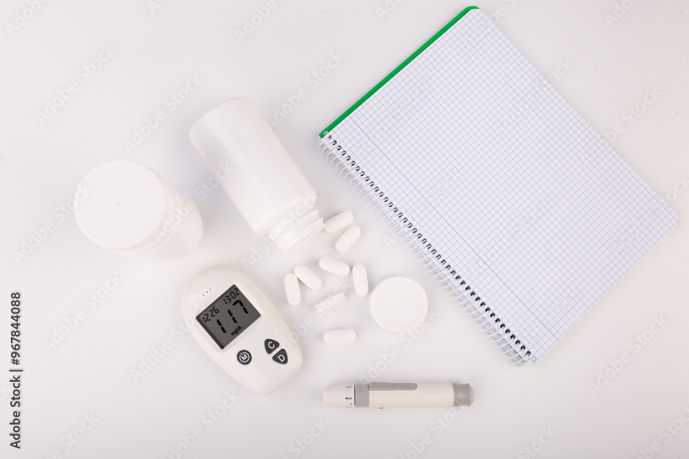 Diabetes Management Tools: Glucose Meter, Notebook, and Pills on White Background Diabetes Management Tools: Glucose Meter, Notebook, and Pills on White Background