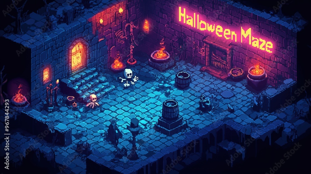 Obraz premium Spooky Maze Entrance Lit by Glowing Halloween Pumpkins