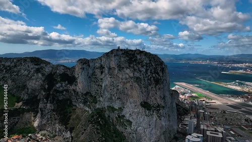 Aerial view of the majestic rock of Gibraltar overlooking the ocean and airport, Gibraltar.