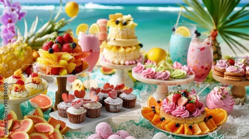 A vibrant summer beachside dessert spread with tropical fruits, cakes, and colorful drinks.