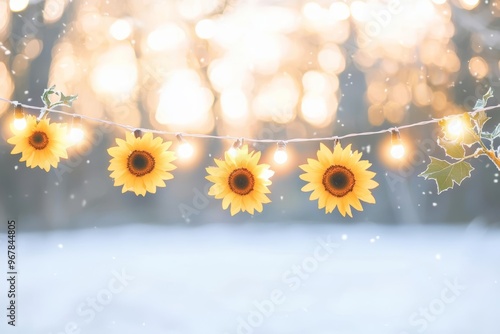 Festive sunflower garland hanging over a snowy outdoor scene, twinkling holiday lights adding warmth to the winter night #967844805