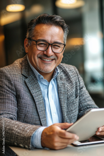 Senior Hispanic businessman cheerfully working on his tablet in a contemporary, creatively designed workspace.