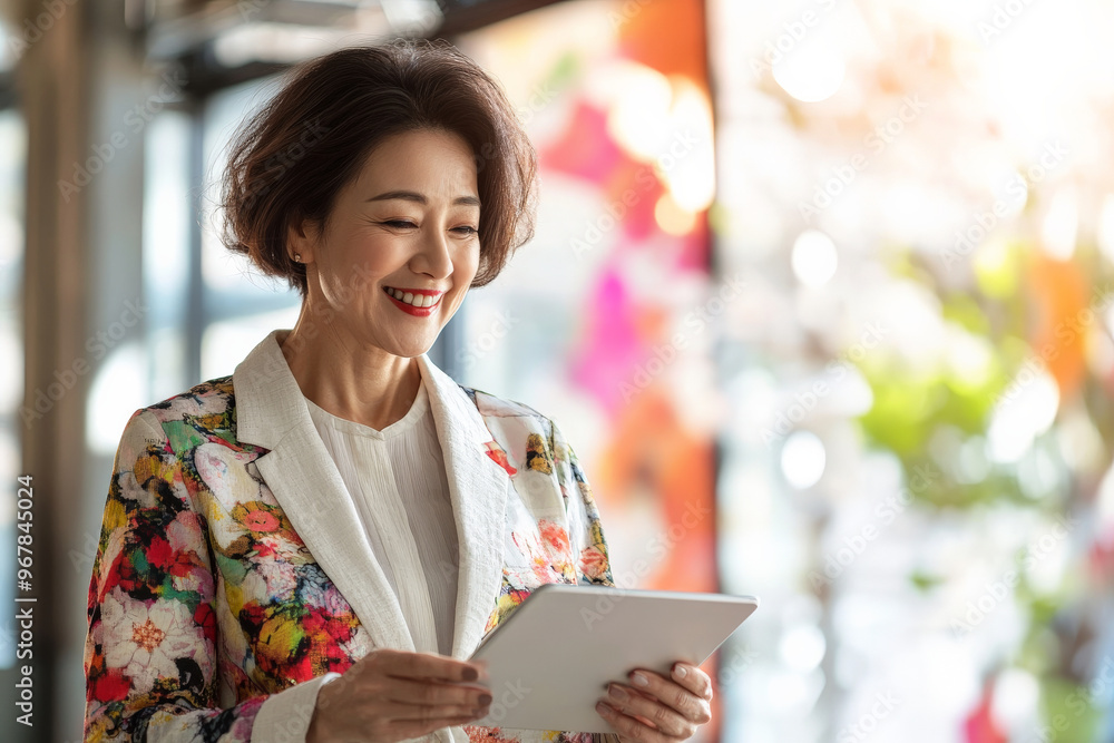 Senior Japanese businesswoman happily using a tablet in a bright, stylish office with creative design elements. Senior Japanese businesswoman happily using a tablet in a bright, stylish office with creative design elements.
