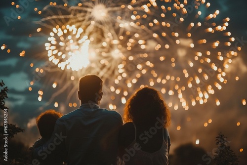 Happy loving couple watching fireworks. family with a child. fireworks in the night sky. city holiday, joyful event