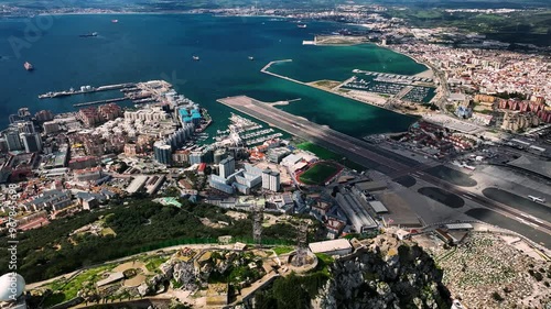 Aerial view of the rock of Gibraltar and the ocean with the airport and coastline, Gibraltar.