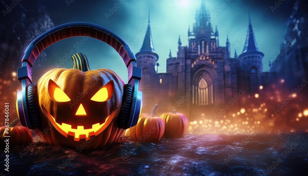 Halloween party. Jack O' Lantern pumpkin wearing headphones on Spooky old gothic castle, foggy night, haunted mansion background of a scary Halloween night. Halloween party. Jack O' Lantern pumpkin wearing headphones on Spooky old gothic castle, foggy night, haunted mansion background of a scary Halloween night.
