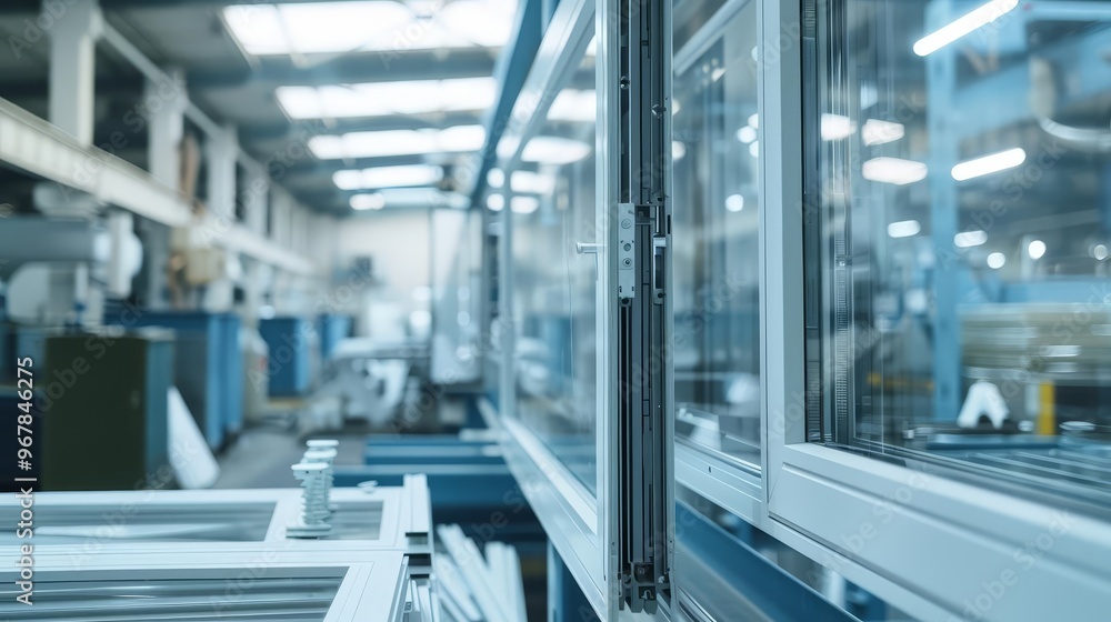Obraz premium Glass panels moving on a conveyor belt in a factory.