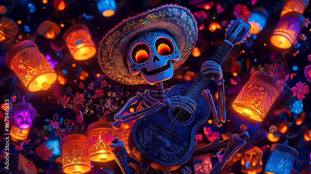 Fototapeta premium Dia de los Muertos skeleton playing guitar under glowing lanterns