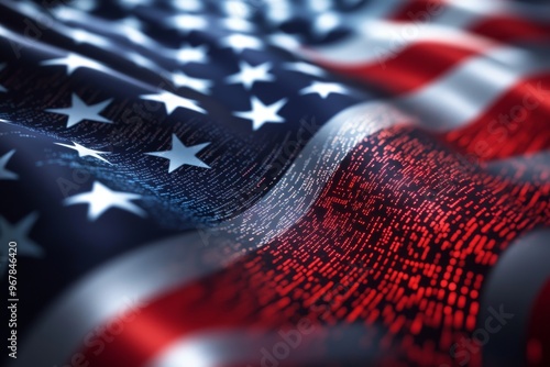 American flag with stars and stripes made of glowing data points and code lines, symbolizing technology in national security
