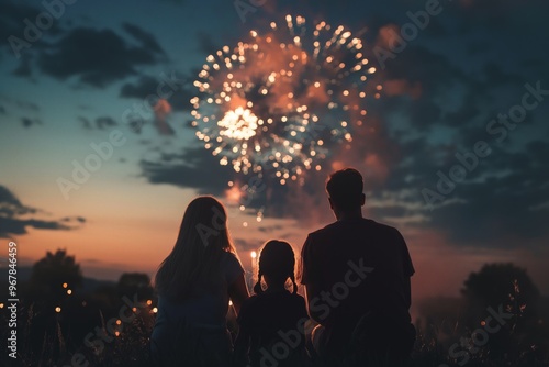 Happy loving couple watching fireworks. family with a child. fireworks in the night sky. city holiday, joyful event