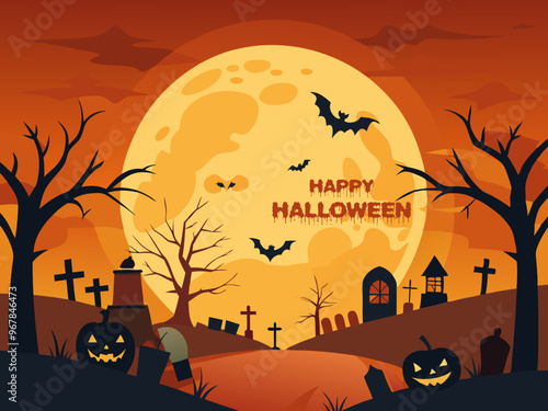 Happy Halloween party moon bats flying background with pumpkin photo