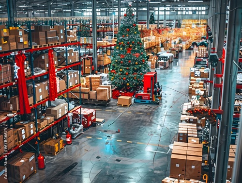 Busy Holiday Fulfillment Center with Festive and High Volume Package Processing photo