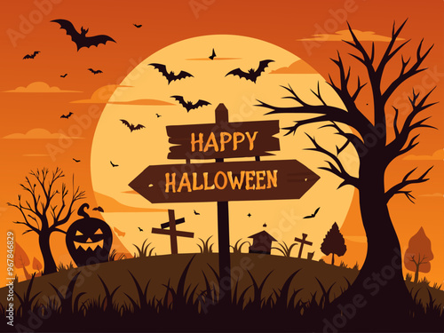 Haunted house, bats flying at moon night Spooky Halloween scene