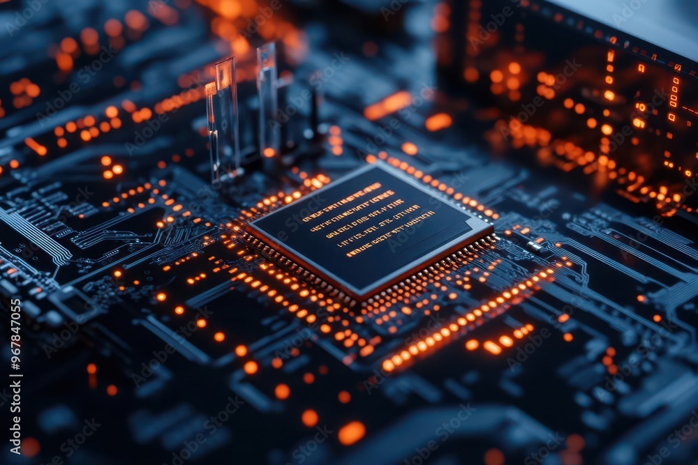 Close-up of a modern microchip on a circuit board with glowing lights, showcasing intricate technology and design features. Close-up of a modern microchip on a circuit board with glowing lights, showcasing intricate technology and design features.