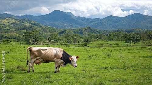 Cow Grazing in a Lush Meadow with Mountain Backdrop