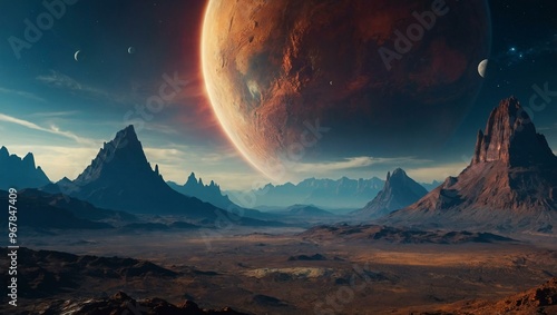 Alien world with towering mountains and a vibrant sky filled with cosmic energy. photo