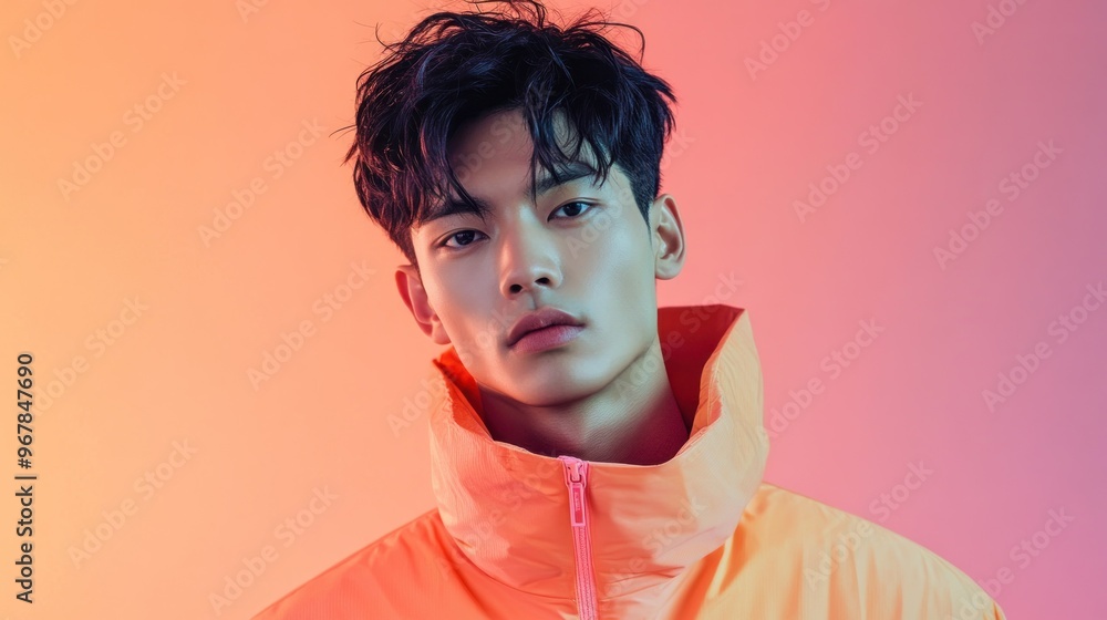 Young Man in a Vibrant Orange Jacket Against a Pink and Orange Gradient Background Young Man in a Vibrant Orange Jacket Against a Pink and Orange Gradient Background
