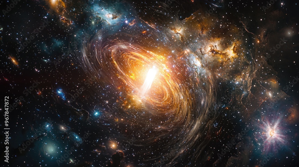 A hyper-realistic photograph of an endless expanse of stars and galaxies swirling in a vast, dark universe, with a radiant, glowing figure at the center A hyper-realistic photograph of an endless expanse of stars and galaxies swirling in a vast, dark universe, with a radiant, glowing figure at the center