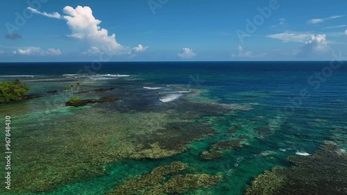 Aerial view of a beautiful tropical island with turquoise waters and coral reefs, Atua, Samoa. photo