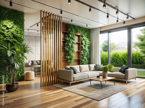 Modern minimalist living room with sleek floor-to-ceiling room divider featuring lush greenery, natural wood accents, photo