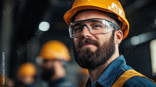 A bearded construction worker smiling confidently while wearing safety goggles and a yellow hard hat at an indoor worksite.