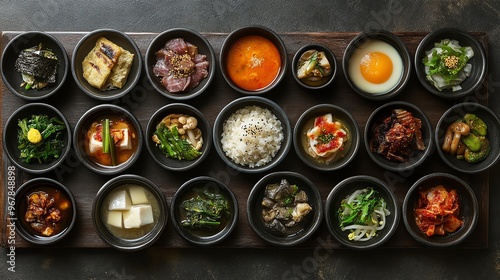 Artistic presentation of Hanjeongsik, a traditional Korean fullcourse meal, Korean fine dining, cultural experience photo