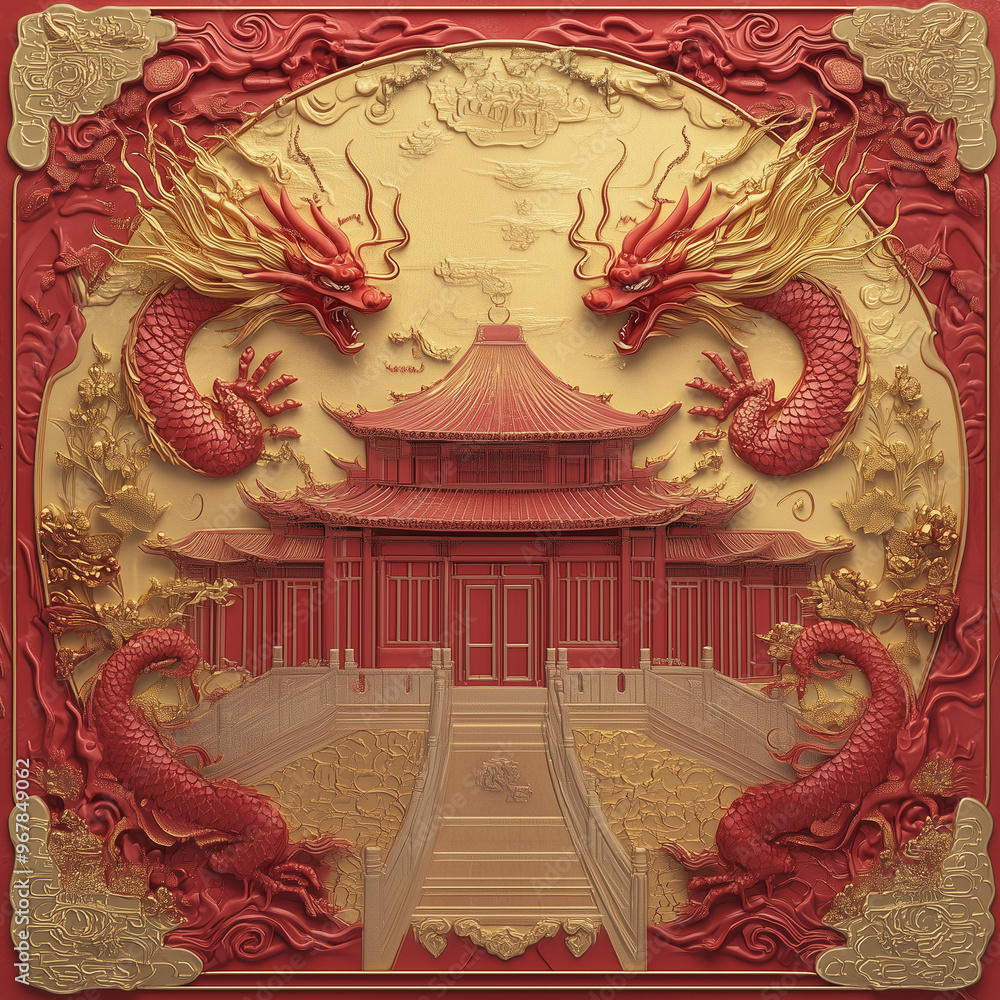 Fototapeta premium ornate chinese dragon and temple embossed design
