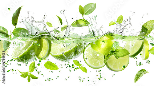 Green tea splash with fresh mint leaves and lime slices, creating a refreshing effect, isolated on a white background