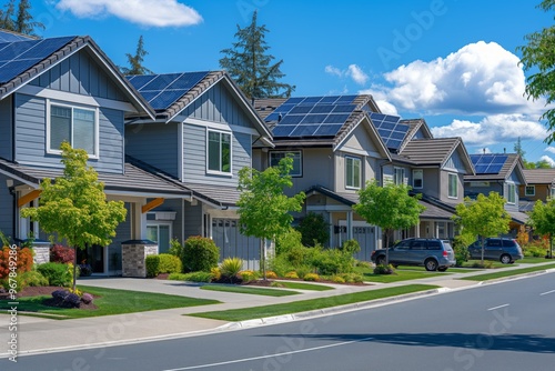 house with solar panels. Solar panels on the roof. modern houses. cottage village taking electricity from the sun. green energy